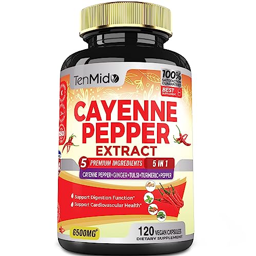 Cayenne Pepper Extract Capsules 6500mg, 4 Months Supply with Ginger, Turmeric Curcumin, Tulsi, Black Pepper – Supports Cardiovascular Health, Promotes Digestive System Function – 120 Vegan Capsules