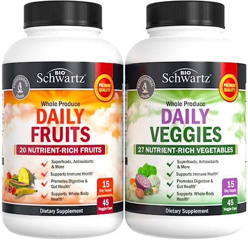 Daily Fruits and Veggies Supplement for Women and Men – 47 Whole Food Fruits and Vegetables – Natural Source of Vitamins, Minerals and Lycopene – 45 Fruit Capsules, 45 Veggie Capsules (2 Pack)