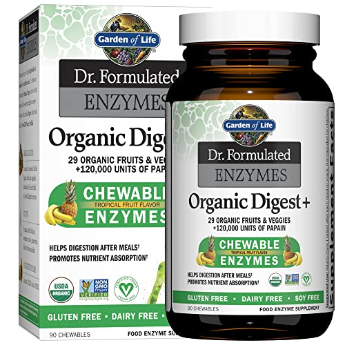 Garden of Life Dr Formulated Digestive Enzymes with Papain, Bromelain, Lipase for Digestion & Nutrient Absorption – Organic Digest+ – Vegan, Gluten-Free, Non-GMO, Tropical Fruit Flavor, 90 Chewables