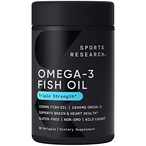 Sports Research Triple Strength Omega 3 Fish Oil – Burpless Fish Oil Supplement w/EPA & DHA Fatty Acids from Wild Alaskan Pollock – Heart, Brain & Immune Support for Men & Women – 1250 mg, 90 ct