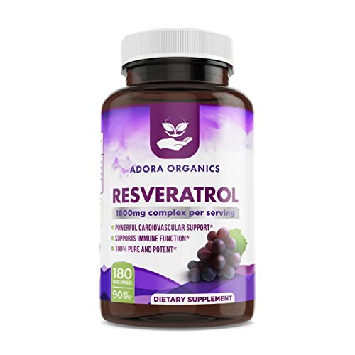 Adora Organics Resveratrol 1600mg, Trans-Resveratrol Antioxidant Supplement with Green Tea, Grape Seed Extract and Quercetin, Helps to Support Digestive Health and Immune System, 180 Capsules