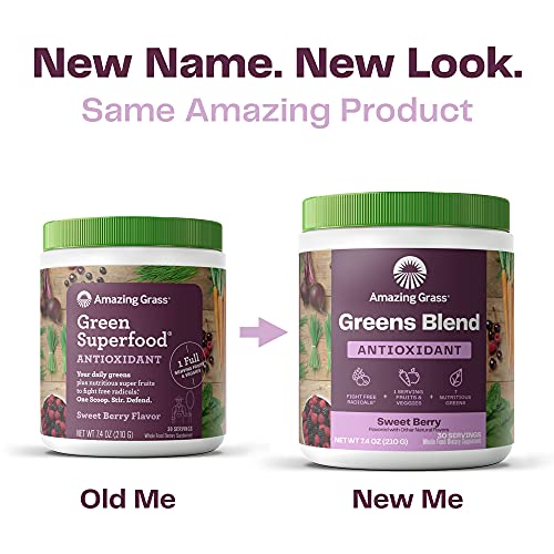 Amazing Grass Greens Blend Antioxidant: Super Greens Powder Smoothie Mix with Organic Spirulina, Beet Root Powder,Elderberry & Probiotics, Sweet Berry, 100 Servings (Packaging May Vary)