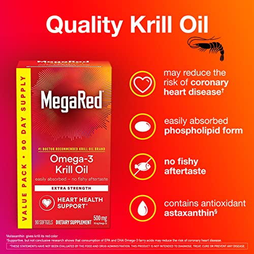 Antarctic Krill Oil 500mg Omega 3 Fatty Acid Supplement, MegaRed Extra Strength EPA & DHA Softgels (90cnt box), Antioxidant Astaxanthin, Heart Health Supplement With No Fish Oil Aftertaste