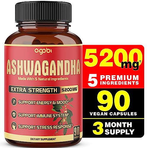 Ashwagandha Capsules, 5 in 1 Equivalent to 5200mg Powder. Combined With Turmeric, Ginger, Black Pepper And Rhodiola. Mood And Strength Support Supplement – 1 Pack – 90 Capsules – 3 Month Supply