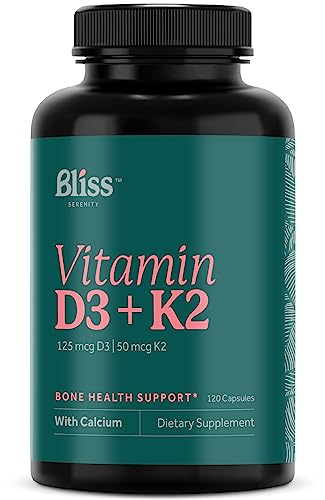 Bliss Serenity Vitamin D3 K2 – Vitamin D3 5000 IU with Vitamin K2 as MK-7, Calcium, and Phosphorus for Ultimate Absorption – Vitamin D Supplements, 120 Vegcaps, 120 Day Supply