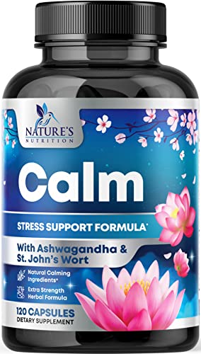 Calm & Stress Support Herbal Supplement – with Ashwagandha, L-Theanine, 5-HTP, GABA & B Complex Vitamins – Natural Stress & Immune Support for Calm & Positivity – Relax, Focus, Unwind – 120 Capsules