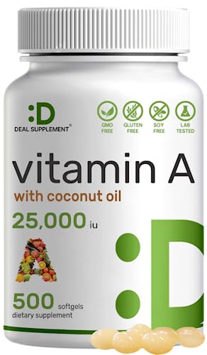 DEAL SUPPLEMENT High Potency Vitamin A 25000 IU, 500 Coconut Oil Softgels | Easily Absorbed, Natural Fish Liver Oil Source – Vitamins for Eye, Immune, & Skin Health – Easy to Swallow, Non-GMO