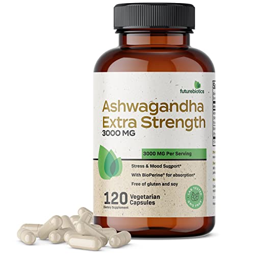 Futurebiotics Ashwagandha Capsules Extra Strength 3000mg – Stress Relief Formula, Natural Mood Support, Stress, Focus, and Energy Support Supplement, 120 Capsules