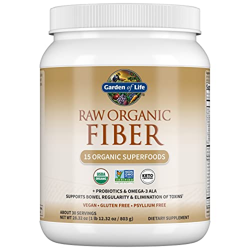 Garden of Life Fiber Supplement, Raw Organic Fiber Powder – 30 Servings, 15 Organic Superfoods, Probiotics and Omega-3 ALA, 4g Soluble Fiber, 5g Insoluble Fiber for Regularity, Psyllium Free Fiber