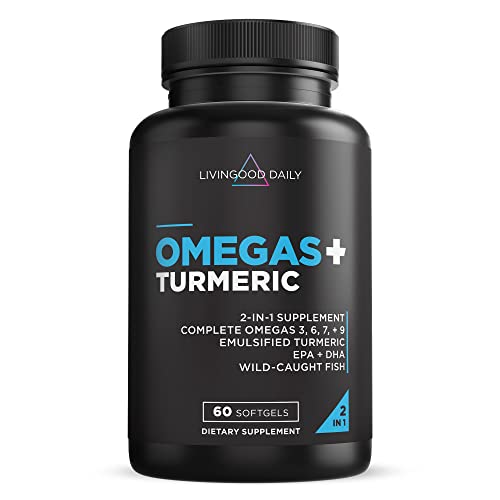 Livingood Daily Omega 3 6 7 9 Plus Turmeric Curcumin – Essential Fatty Acids Omega 3 6 9 and Omega 7 – Omega 3 Fish Oil (EPA & DHA) – Heart Health and Joint Pain Relief Supplements – 60 Softgels