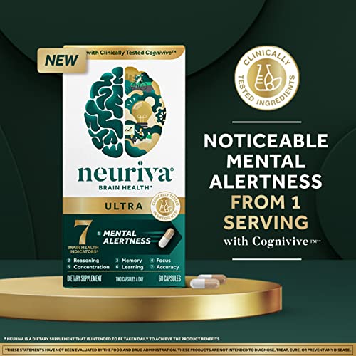 NEURIVA ULTRA Decaffeinated Clinically Tested Nootropic Brain Supplement For Mental Alertness, Memory, Focus & Concentration, Cognivive, Neurofactor, Phosphatidylserine, Vitamins B6 B12, 60ct Capsules