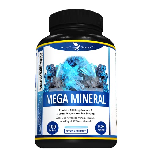 Potent Garden Mega Mineral Supplement Complete Mineral Complex with Calcium Magnesium Zinc Potassium Boron Selenium Chromium & 72 Trace Minerals Iron Free Calcium Supplement -100 Pills