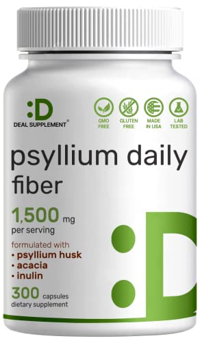 Psyllium Husk Fiber, 300 Capsules | 1500mg Per Serving, Complexed with Inulin & Acacia – Natural Soluble Fiber Supplement, Plant Based, Non-GMO | Supports Digestive and Colon Health for Men and Women