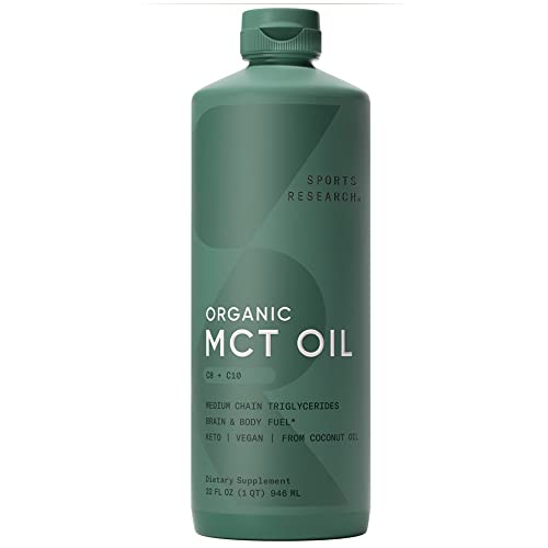 Sports Research Organic MCT Oil – Keto & Vegan MCTs C8, C10 from Coconuts – Fatty Acid Brain & Body Fuel, Non-GMO & Gluten Free – Flavorless Oil, Perfect in Coffee, Tea & Protein Shakes – 32 oz