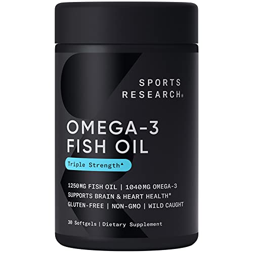 Sports Research Triple Strength Omega 3 Fish Oil – Burpless Fish Oil Supplement w/EPA & DHA Fatty Acids from Wild Alaskan Pollock – Heart, Brain & Immune Support for Men & Women – 1250 mg, 30 ct