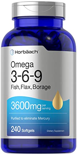 Triple Omega 3-6-9 240 Softgels | from Fish, Flaxseed, Borage Oils | Non-GMO & Gluten Free | by Horbaach