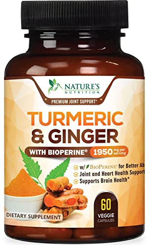 Turmeric Curcumin with BioPerine & Ginger 95% Standardized Curcuminoids 1950mg – Black Pepper for Max Absorption, Natural Joint Support, Nature’s Tumeric Extract Supplement Non-GMO – 60 Capsules