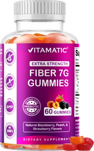 Vitamatic Prebiotic Fiber Gummies for Adults – 7G Fiber Extra Strength – Zero Sugar Added – 60 Pectin Based Gummies – Digestive Health & Regularity Support