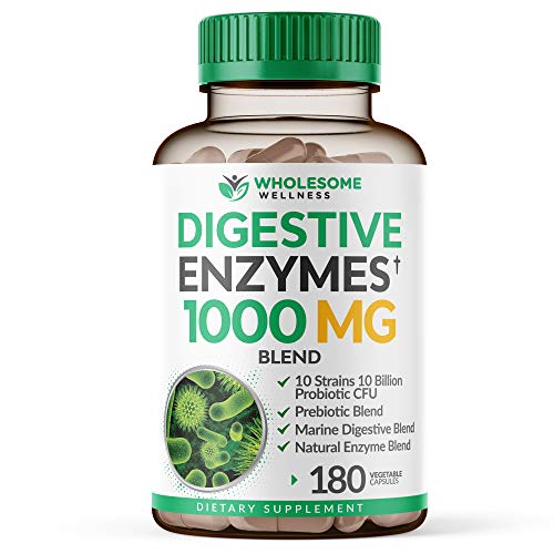 Wholesome Wellness Digestive Enzymes 1000MG Plus Prebiotics & Probiotics Supplement, 180 Capsules, Organic Plant-Based Vegan Formula for Digestion & Lactose with Amylase & Bromelain,1-2 Month Supply