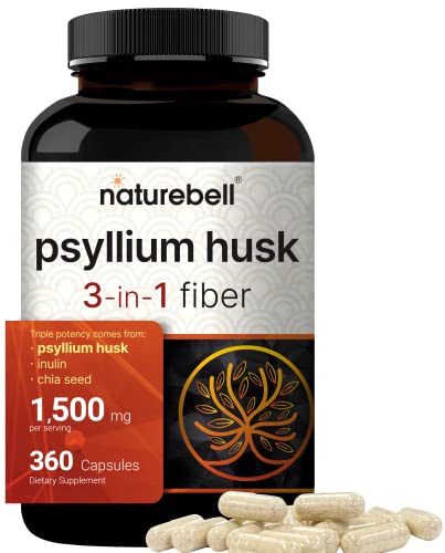 NatureBell Psyllium Husk Capsules 1500mg Per Serving, 360 Count, 3 in 1 Fiber with Inulin & Chia Seed – Daily Soluble Fiber for Gut Health – Plant Based Herbal Fiber Supplement, Non-GMO, Gluten Free